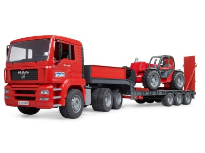 Bruder kamion MAN TGA s niskom prikolicom i teleskopskim utovarivačem Manitou