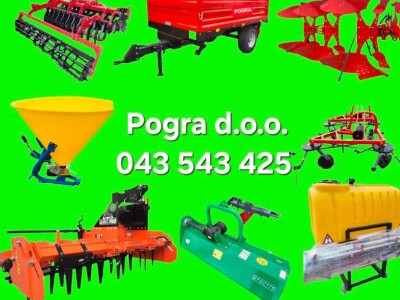 Poljoprivredni priključci. Novi sa dostavom. Plug. Tanjurača. Sjetvospremac. Drljaca. Atomizer. Malčer. Freza. Plug. Rotodrljaca. Mini bager.Sadilice. Cijepac.Mini damper. Prikolice.