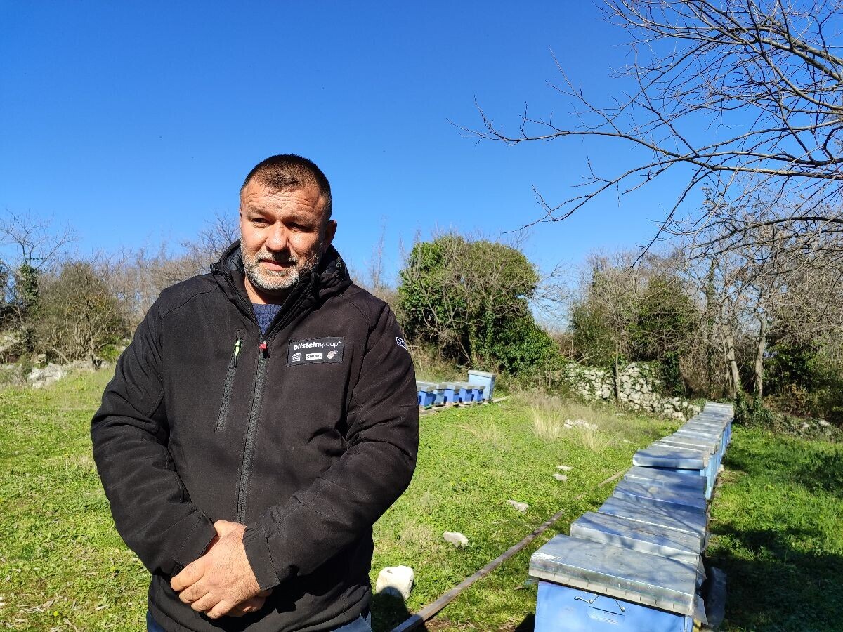 čovjek stoji pored košnica sa pčelama