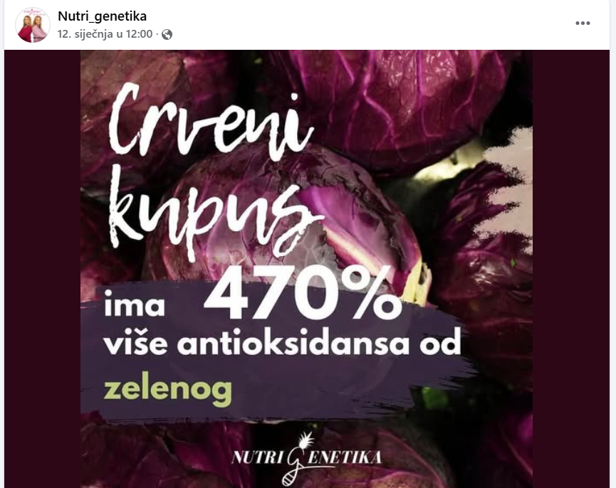 fotografija ljubičastog kupusa na kojoj je napisano da ima 470% više antioksidanasa