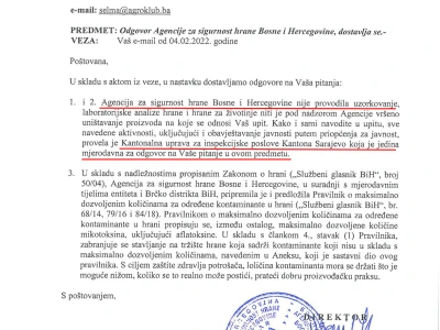 Faksimili odgovora institucija na upit o aflatoksinima u mlijeku i stočnoj hrani