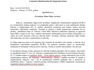 Faksimili odgovora institucija na upit o aflatoksinima u mlijeku i stočnoj hrani