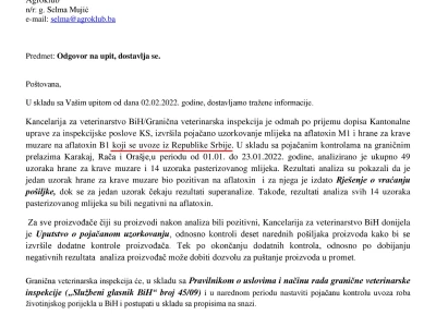 Faksimili odgovora institucija na upit o aflatoksinima u mlijeku i stočnoj hrani