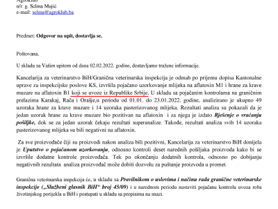 Faksimili odgovora institucija na upit o aflatoksinima u mlijeku i stočnoj hrani Faksimili odgovora institucija na upit o aflatoksinima u mlijeku i stočnoj hrani