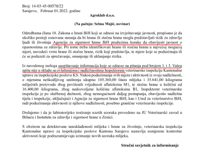 Faksimili odgovora institucija na upit o aflatoksinima u mlijeku i stočnoj hrani