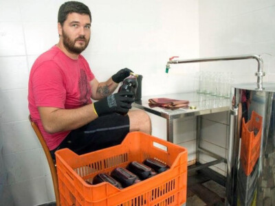 Punjenje staklenih boca sokom od aronije u pogonu OPG Jelčić