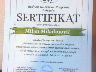 Sertifikat iz pčelarstva po projektu Proizvodnja meda- izvozna šansa Braničevskog okruga