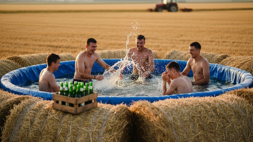 Između radova u bazen od bala sijena!