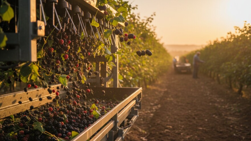 Strojna berba kupina u tijeku
