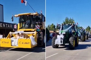 Svadba za pamćenje: Mladenci stigli na venčanje kombajnom, uz pratnju traktora