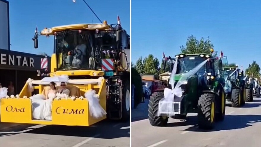 Svadba za pamćenje: Mladenci stigli na venčanje kombajnom, uz pratnju traktora
